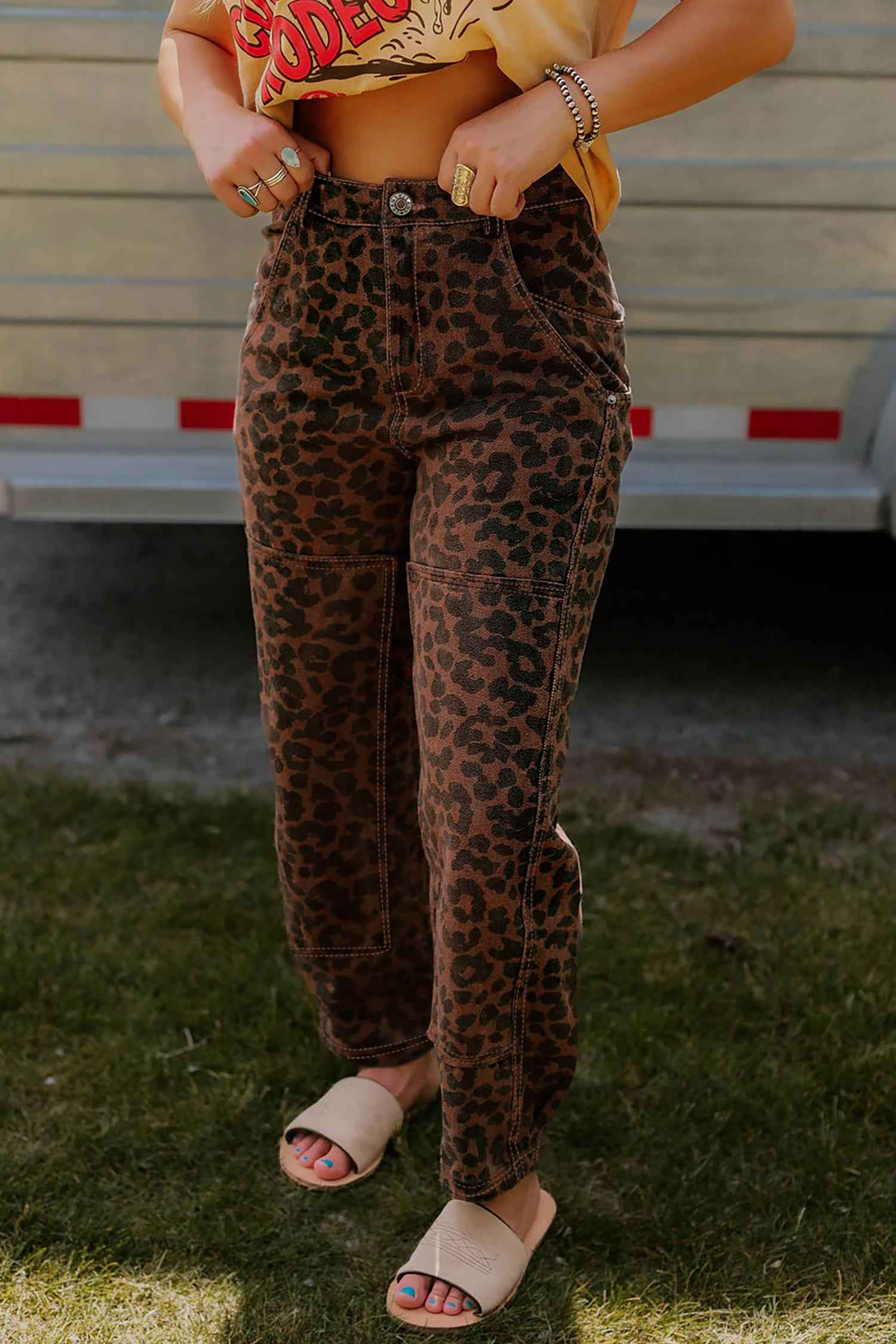 Brown Clear Seam Detail Patchwork Leopard Print Jeans 7503e6980f7583a6