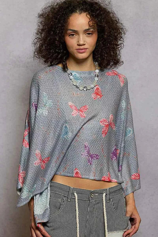 POL Butterflies Pattern Round Neck knit Top with Outseam Rolling Edge 75079e1f-094d-48ce-b946-637c0b6817f3-Max-Origin