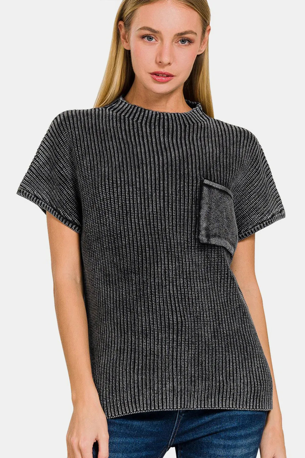 Zenana Pocketed Mock Neck Short Sleeve Sweater BLACK 750bf63b-25e8-47a6-9a4e-5e010ce33b04-Max