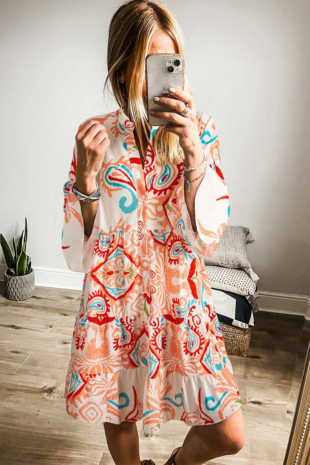 White Ethnic Print Boho Button Tiered Mini Dress 75106087a8df5f12-_3