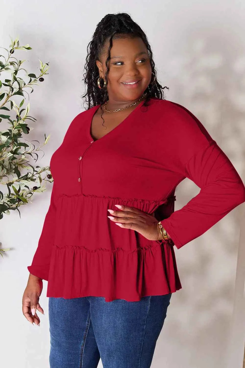 Double Take Half Button Long Sleeve Ruffle Hem Blouse 75126df93c384acdbbb39804995d35f8-Max
