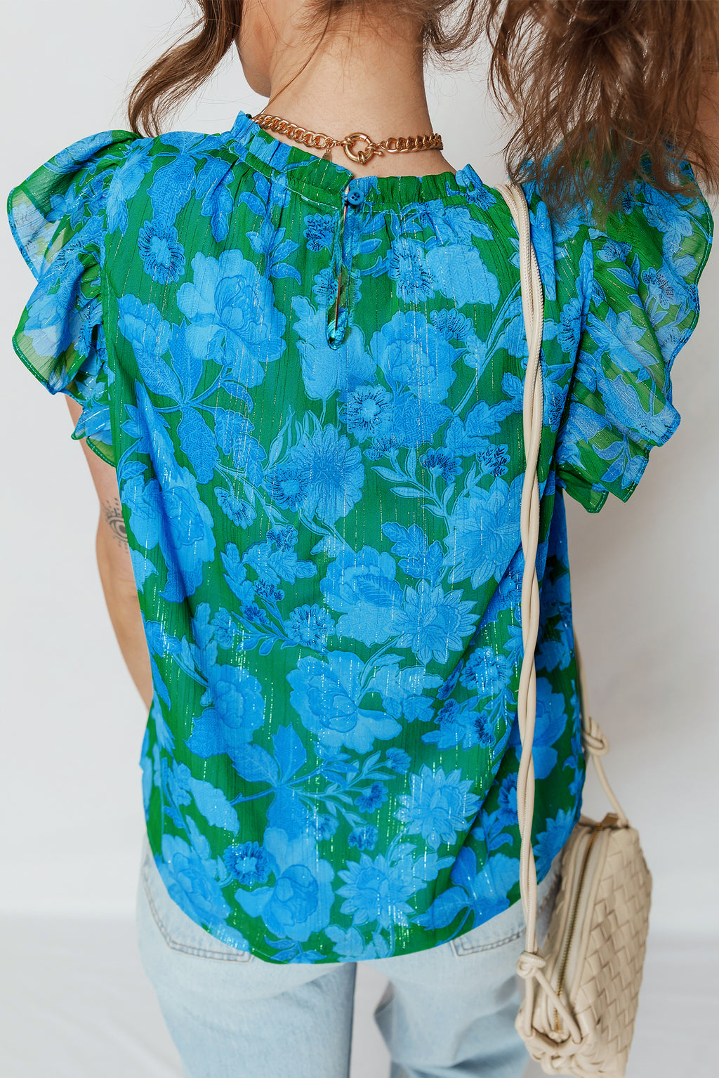Green Floral Print Ruffled Sleeve Summer Blouse 751763f13129d22e