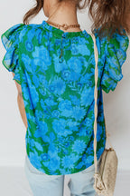Green Floral Print Ruffled Sleeve Summer Blouse 751763f13129d22e