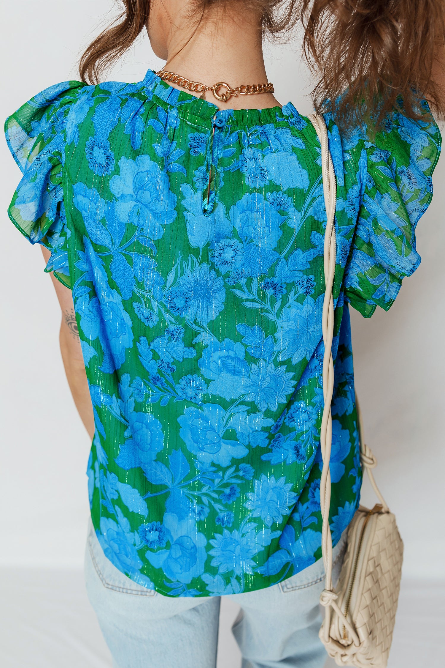 Green Floral Print Ruffled Sleeve Summer Blouse 751763f13129d22e