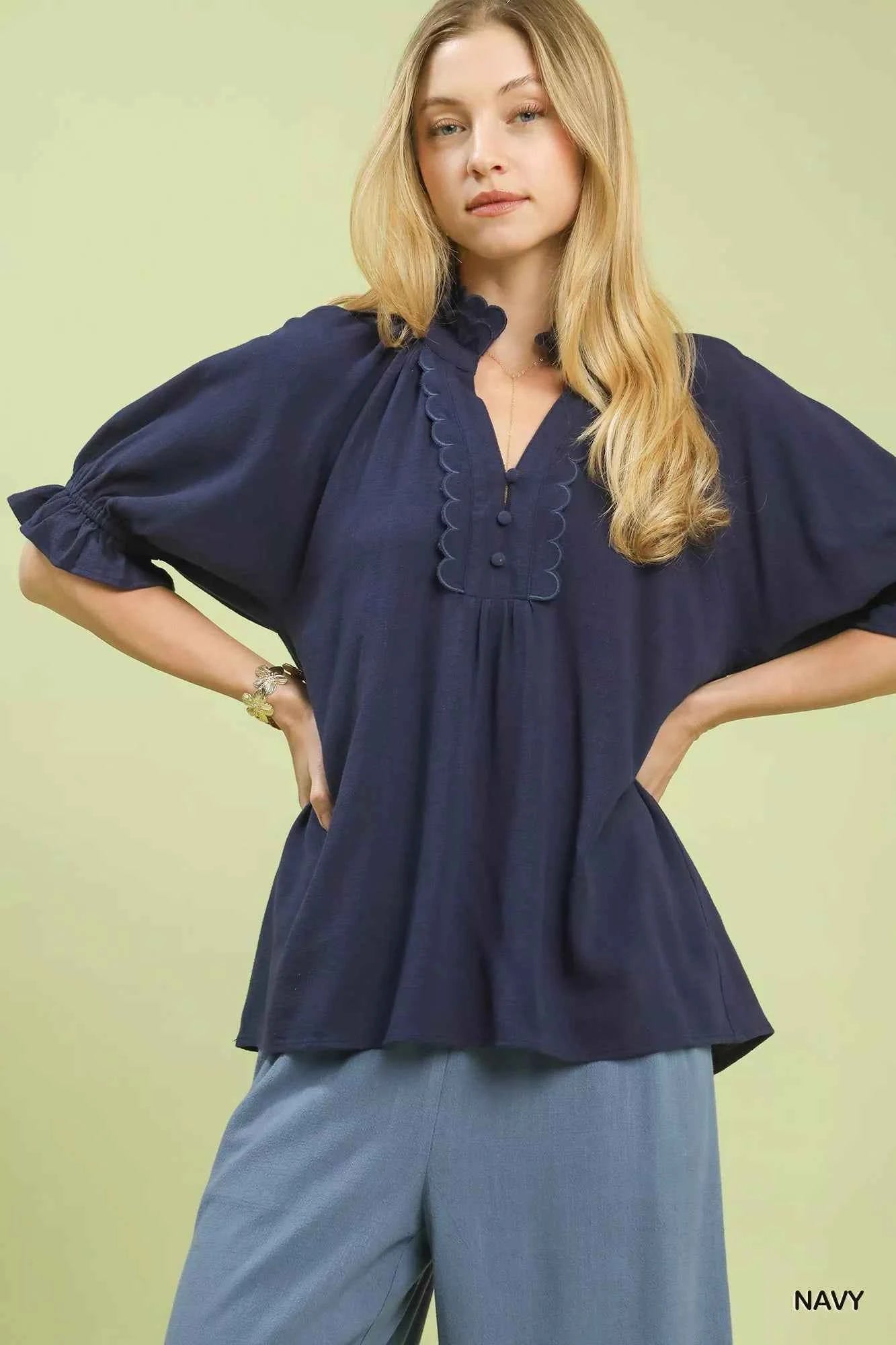 Umgee Linen Scalloped Ruffle Neck Blouse NAVY 7528d5e3-1c0d-4199-bc9a-cea0d06a6a28-Max-Origin