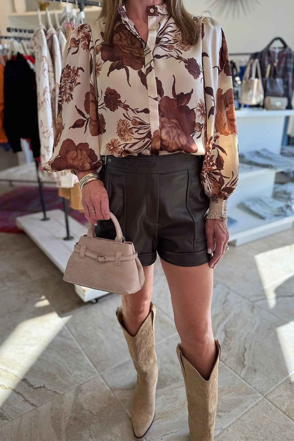 Brown Floral Print Button Down Poet Sleeve Shirt 752a262b2483be7b