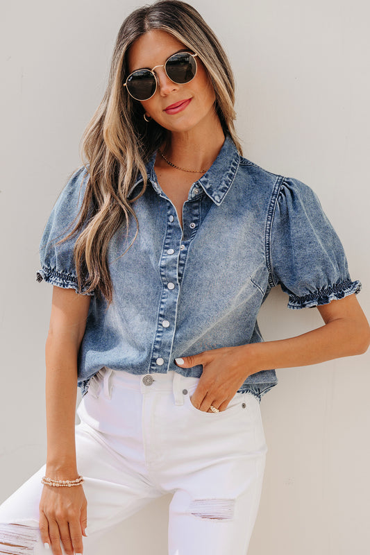 Beau Blue Frilled Short Sleeve Snap Button Denim Shirt 752d218622190f34