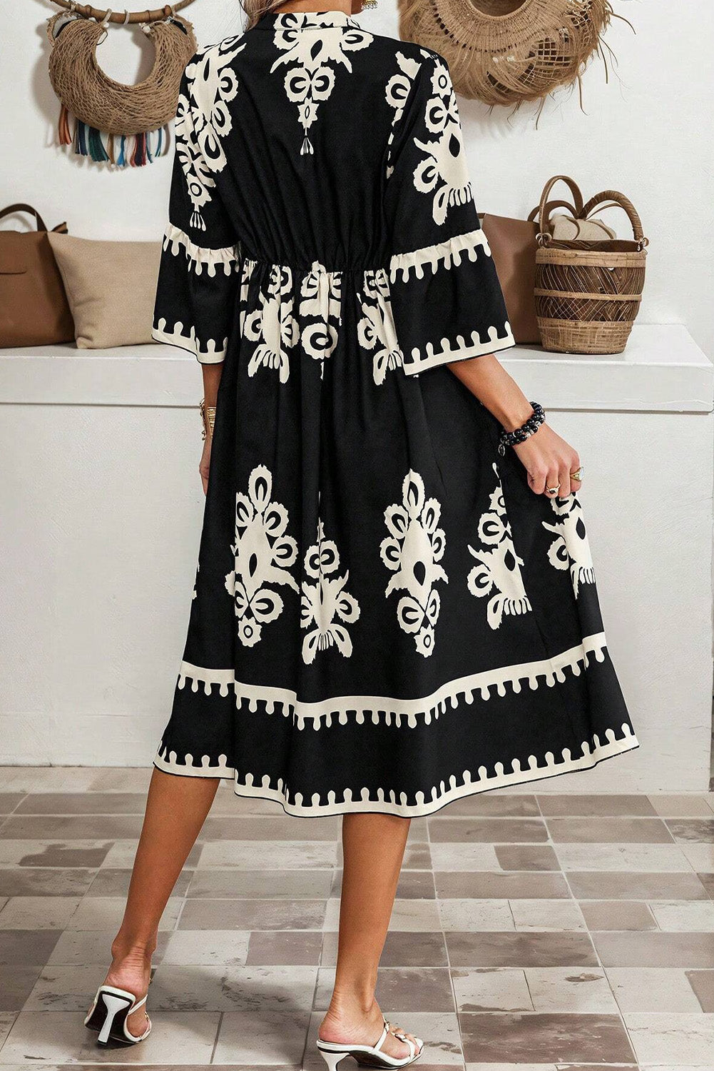 Black Ethnic Print 3/4 Sleeve Loose Midi Dress 752efbf200f078b2