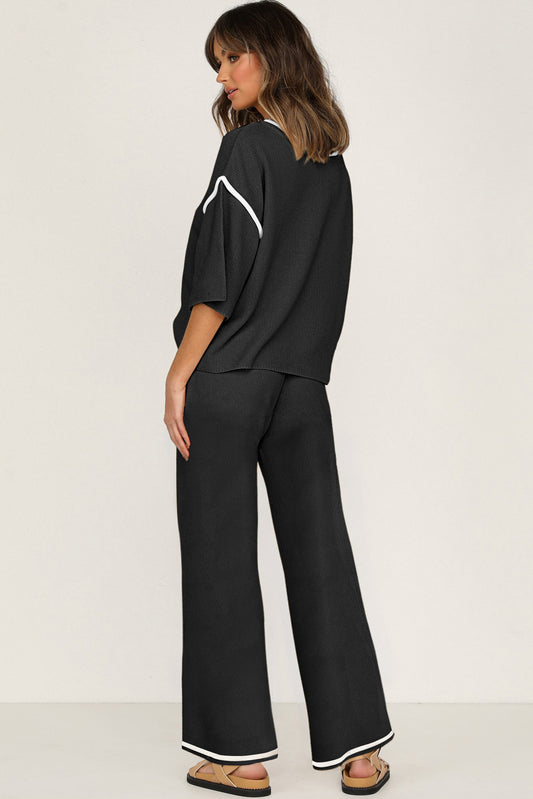 Black Loose Contrast Trim Half Sleeve Top and Drawstring Pants Set 75343e9b39ea3dbc