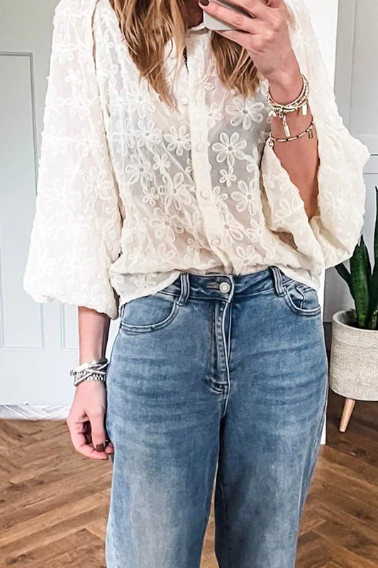 Beige Sheer Jacquard Floral Button-Down Long Sleeve Shirt 7536cf48e74332df