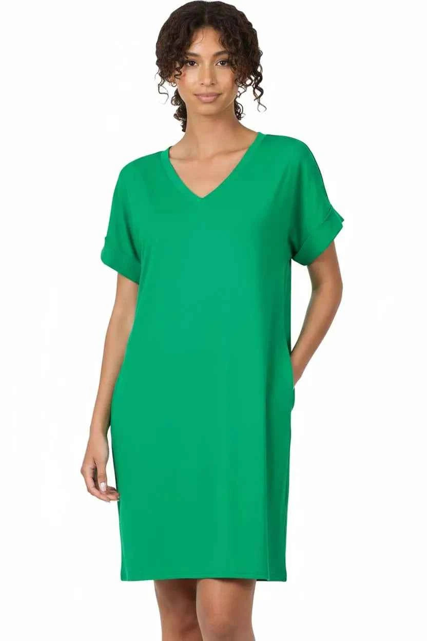 Zenana Brushed Dty Rolled Short Sleeve V-Neck Dress 7538ca39-6122-4fed-acd8-caf10ea127a4-Max-Origin
