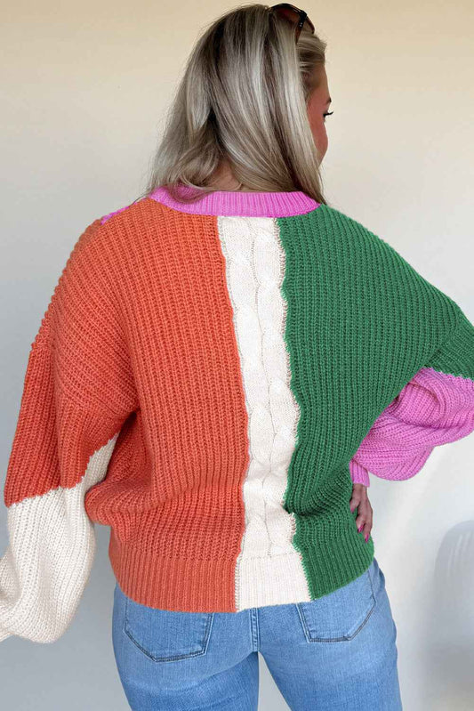 Desert Gold Colorblock Knit Drop Shoulder Loose Fit Sweater 753e5a9ced4e9117