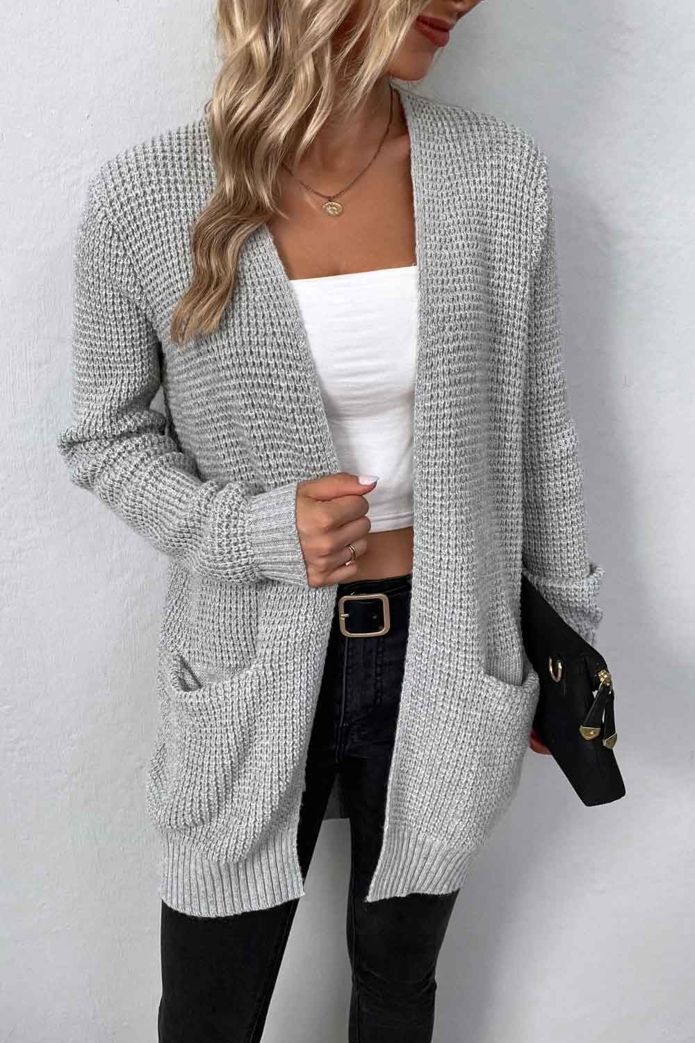 Rib-Knit Open Front Pocketed Cardigan 753f503561f54b7a8bdf7482aaa6792c-Max