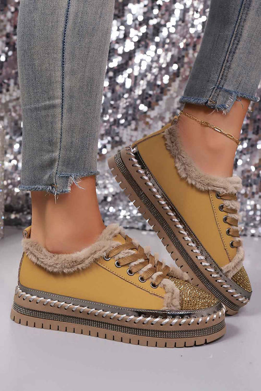 Thai Curry Fur Trimmed Patchwork Lace Up Platform Sneakers 7547b150e992f112