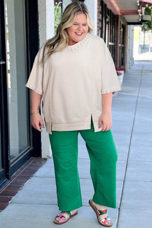 Beige Pearl Decor Crew Neck Half Sleeve Plus Size T Shirt 754f6d07f50c5b20