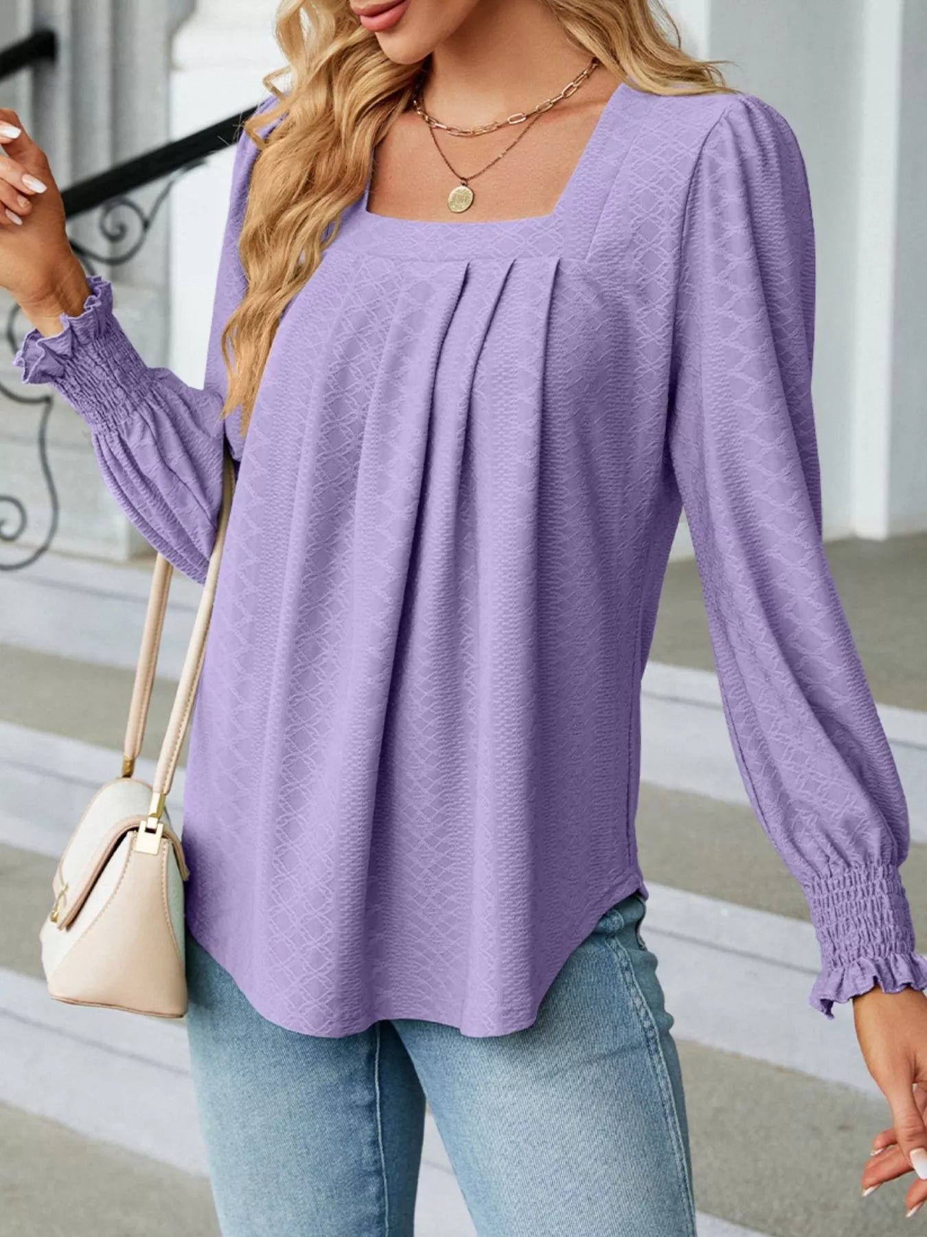 Pleated Square Neck Long Sleeve Top 7552d9a3-053f-41fc-a789-31f54275badd-Max-Origin