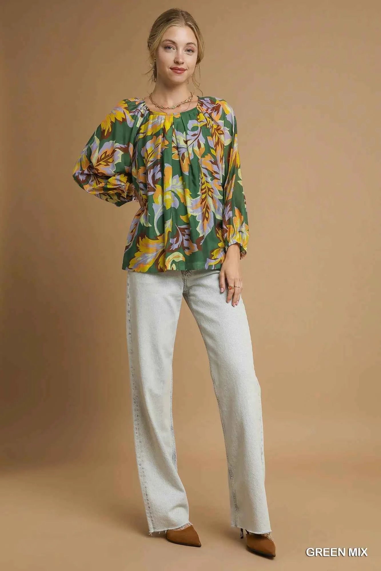 Umgee Mix Abstract Print Balloon Sleeve Blouse 75559ecd-016c-4b40-9970-bb993572ca4c-Max-Origin