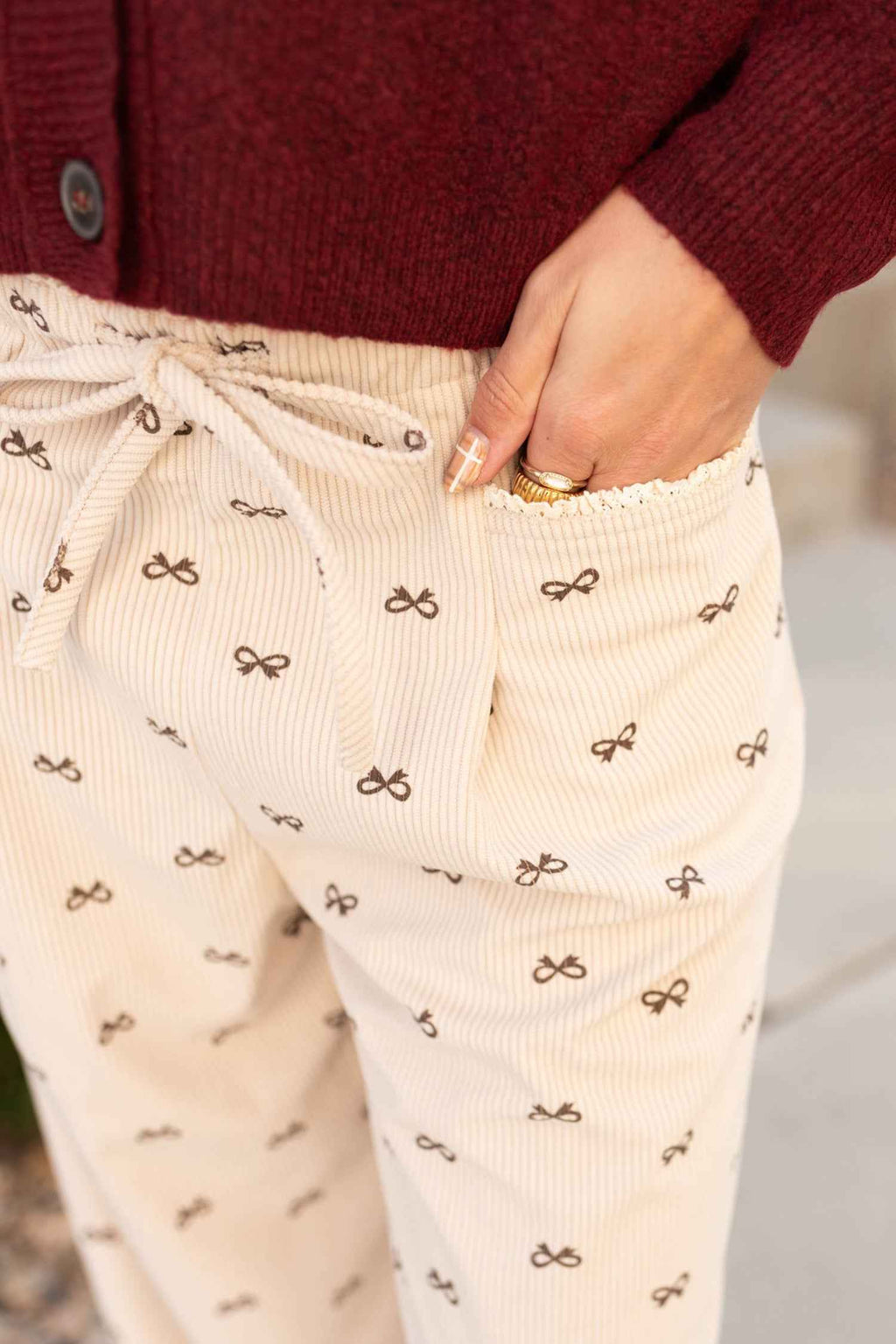 Apricot Bow Print Drawstring Elastic Waist Loose Corduroy Pants 755e071156923330