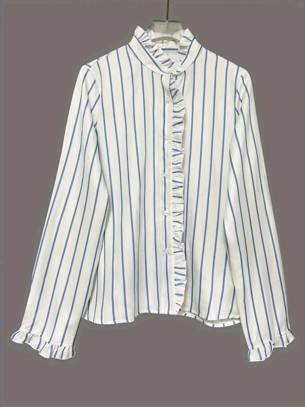 Frill Striped Long Sleeve Blouse 755f8f611cbe4fa780fefe7c4de79a5e-Max-Origin