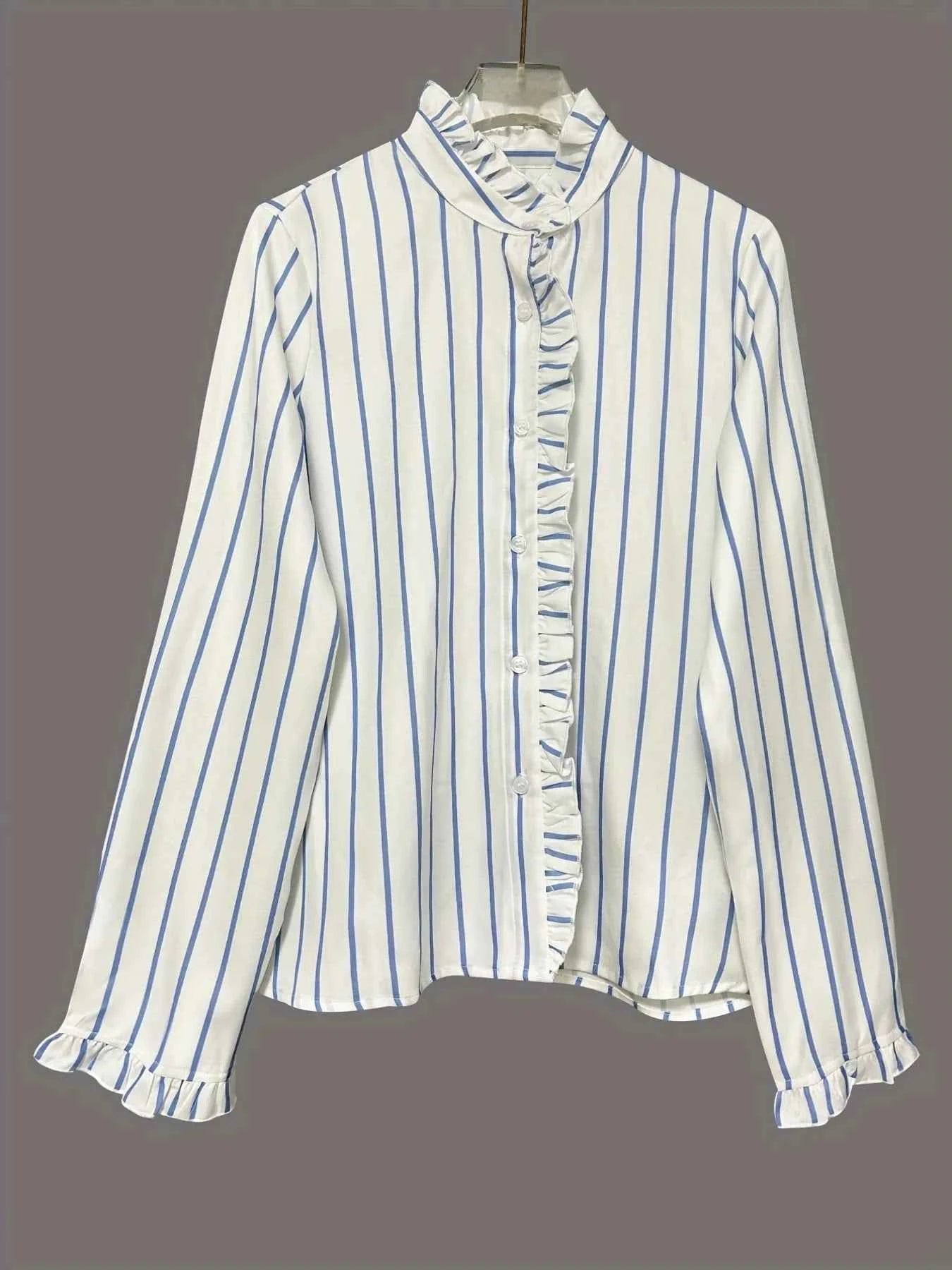 Frill Striped Long Sleeve Blouse 755f8f611cbe4fa780fefe7c4de79a5e-Max-Origin