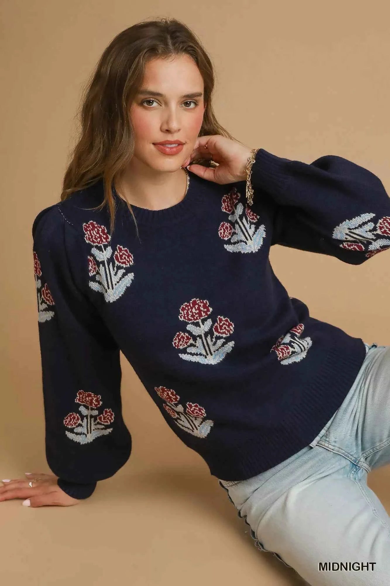 Umgee Floral Knit Sweater with Puff Sleeves 755faf8e-6564-4f1e-90b0-e3a23be4bdcb-Max-Origin