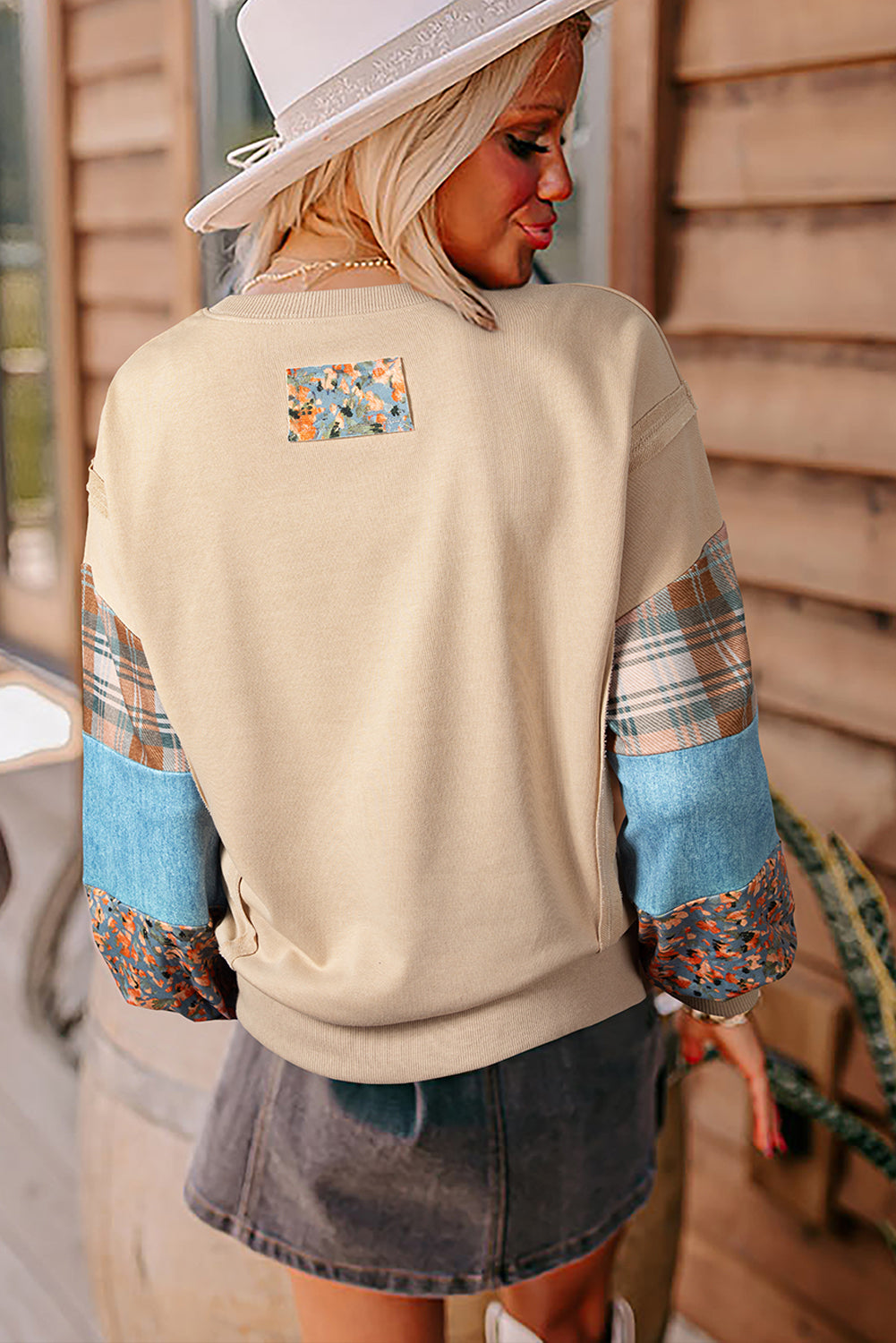 Smoke Gray Plaid Patchwork Sleeve Raw Seam Sweatshirt 756290b1282bf228
