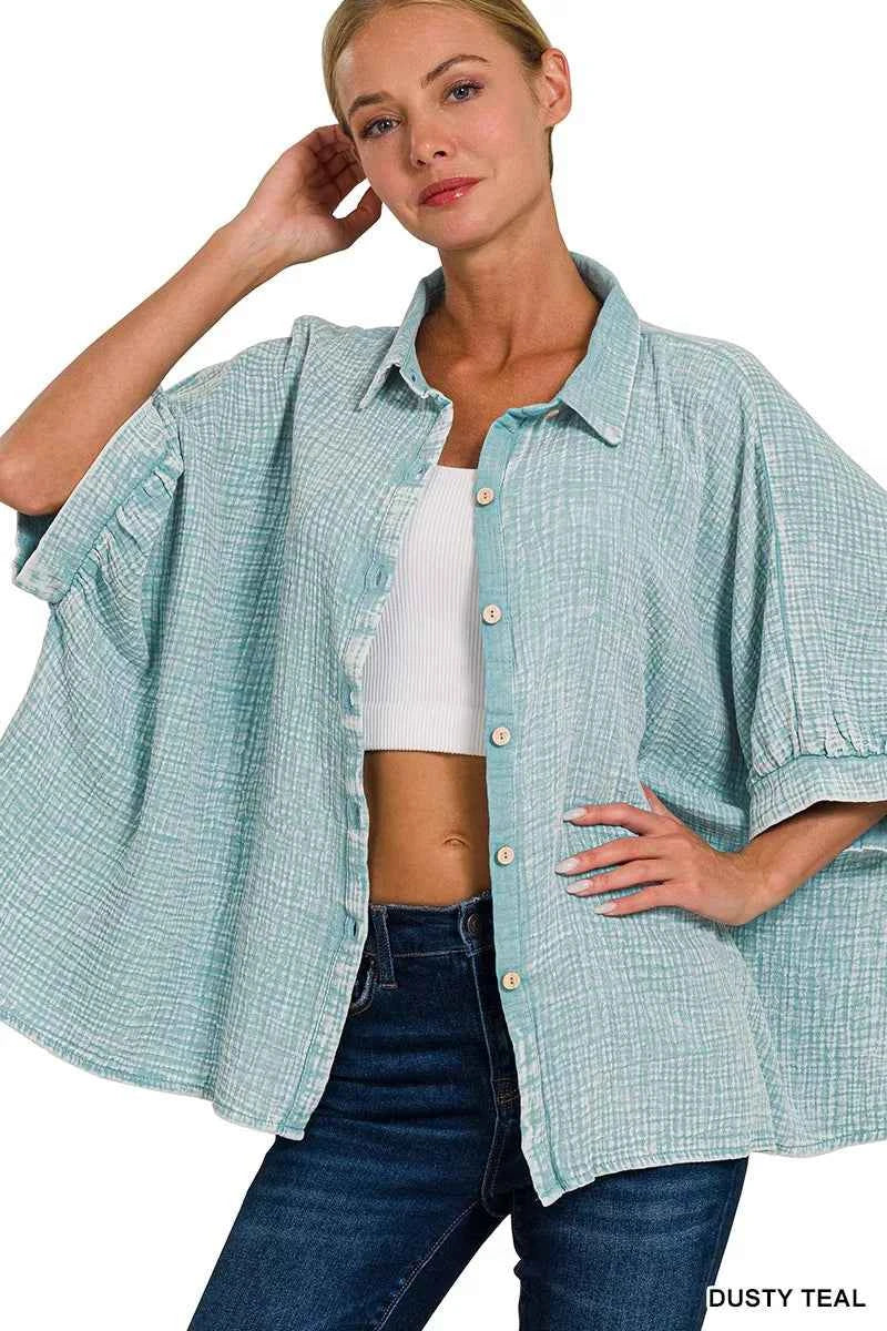 Washed Double Gauze Button Down Half Sleeve Shirt 7562fee2688546b58de07bb46eb153b7-Max-Origin