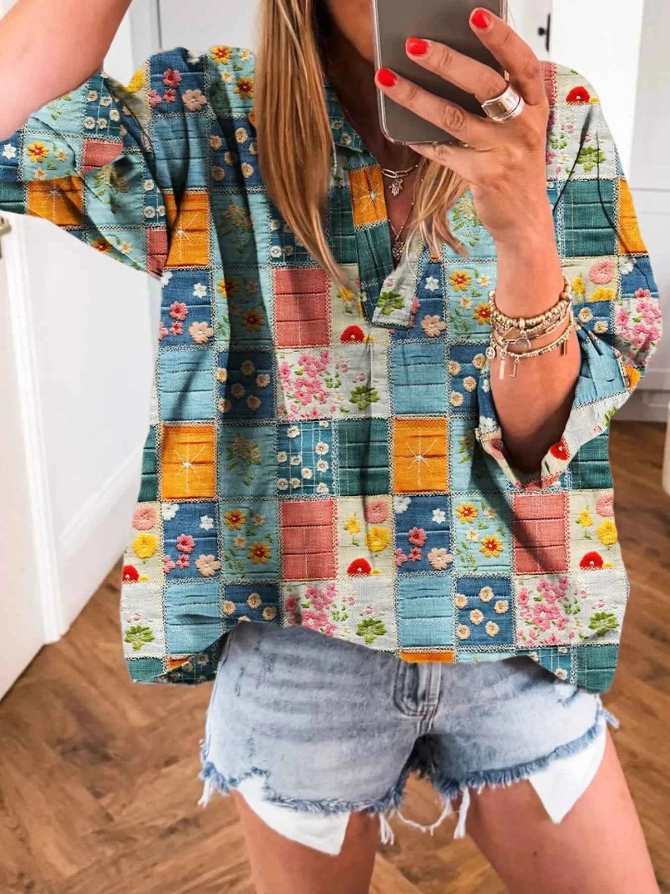 Patchwork Print Notched Long Sleeve Blouse 756b46eb-7089-4daa-afd7-95939ce15381-Max-Origin