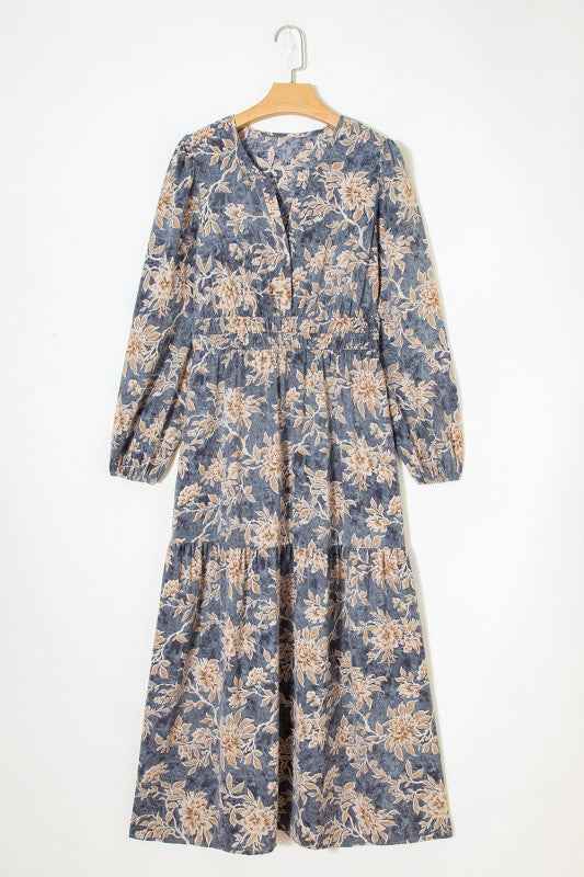 Floral Smocked High Waist Long Sleeve Dress Sky Blue 756c850c-2f83-4cf2-b004-8fcea8e800c2