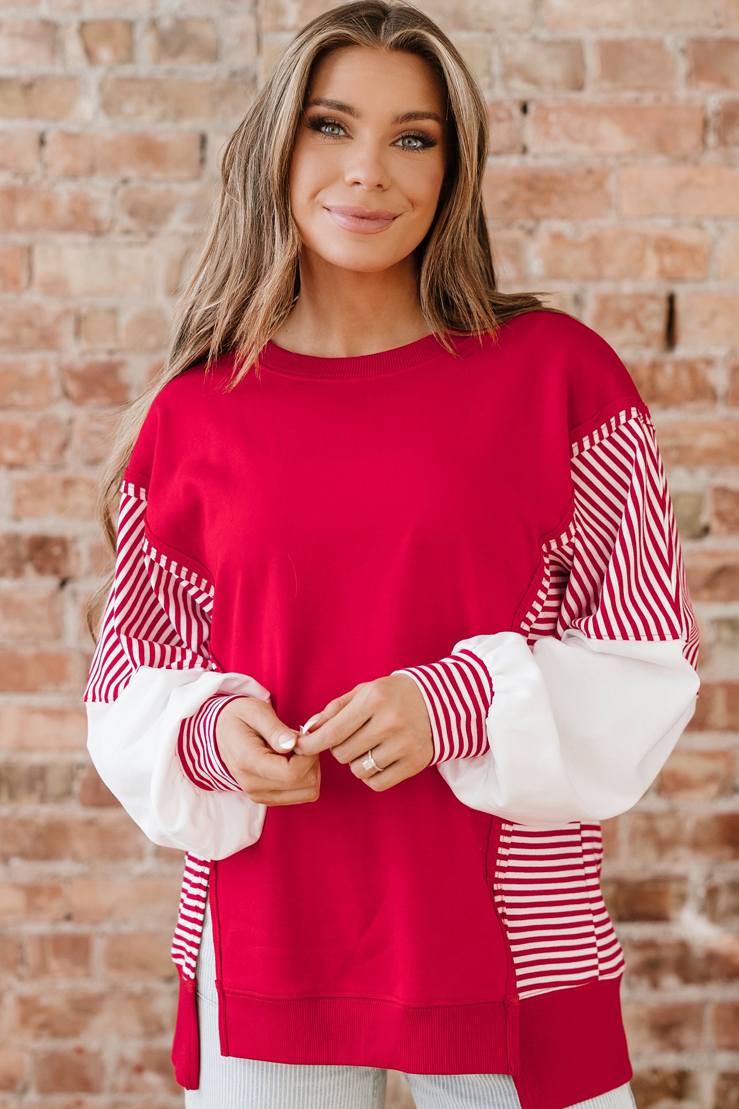 Racing Red Striped Patchwork Sleeve Colorblock Sweatshirt 757138ff0dd3fc58