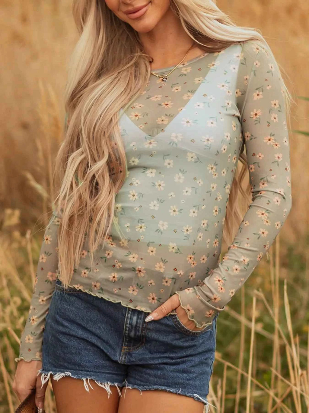 Floral Print Mesh Long Sleeve Top 7574df9c-48f4-4402-8160-89c6cbcbdf4d-Max-Origin