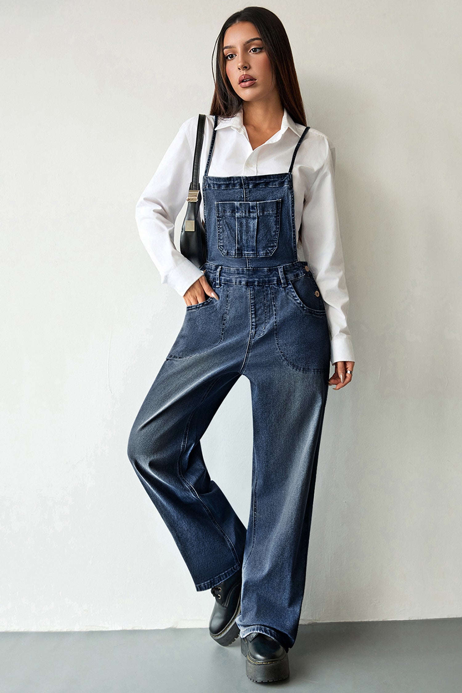 Dark Blue Crossed Tie Straps Bib Pocket Loose Denim Overalls 7575b84e75858941