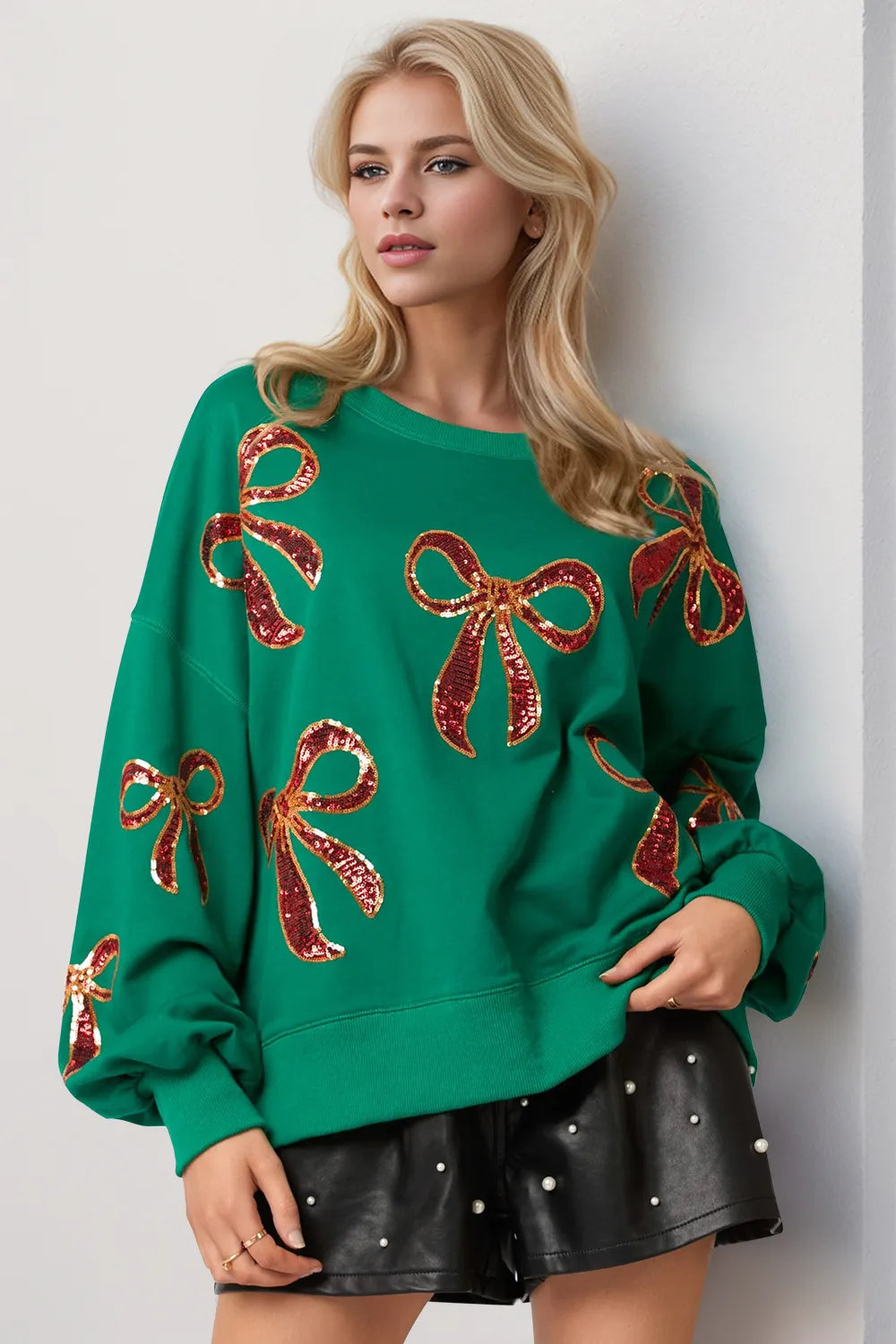 Double Take Christmas Bow Sequin Round Neck Dropped Shoulder Sweatshirt Dark Green 757699e4-a034-404d-87ce-b57e7349e092-Max