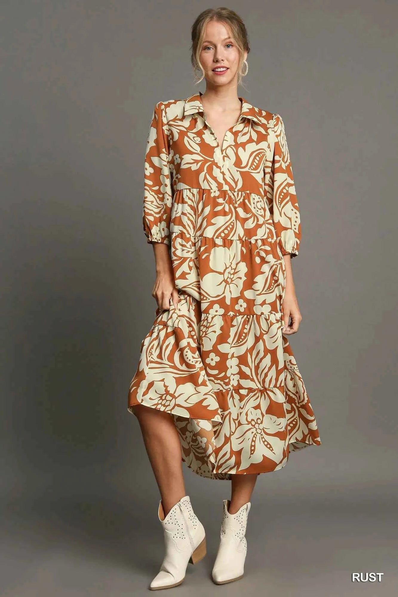 Umgee Full Size Floral Tiered Midi Shirt Dress Plus Size Rust 7579ff70-b83e-43da-a2c1-64daebbd7322-Max-Origin