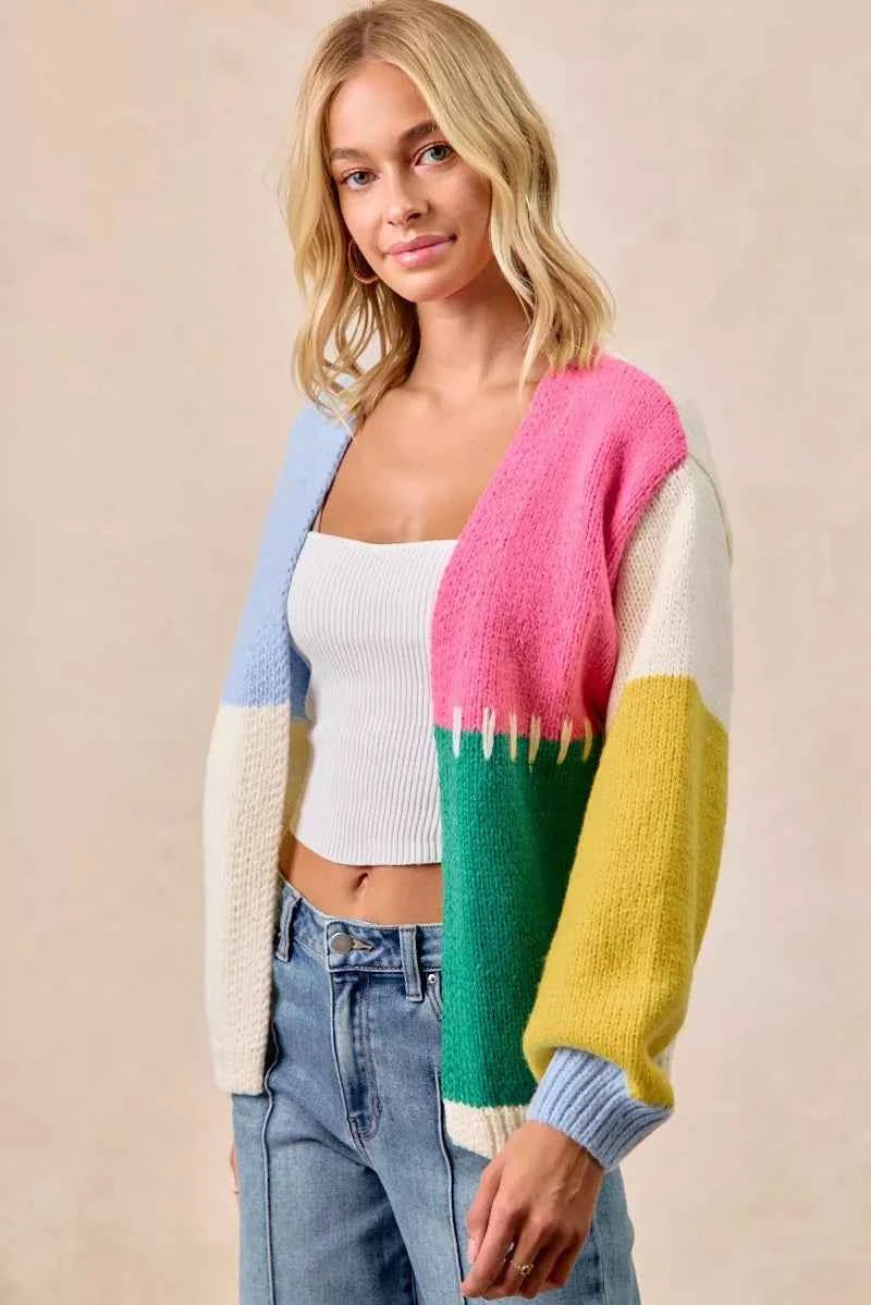 BiBi Color Block Open Front Sweater Cardigan 757c41f4dc8c4711b8c229f6713c7634-Max-Origin
