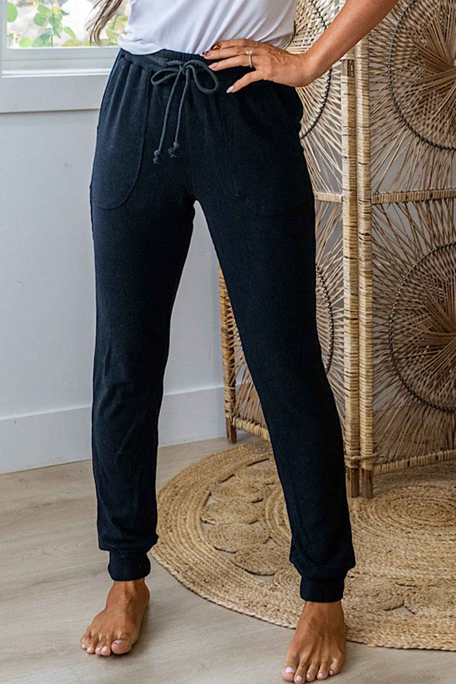 Black Ribbed Drawstring Active Jogger Pants Black 95%Polyester+5%Elastane 757e3ef8108622ea