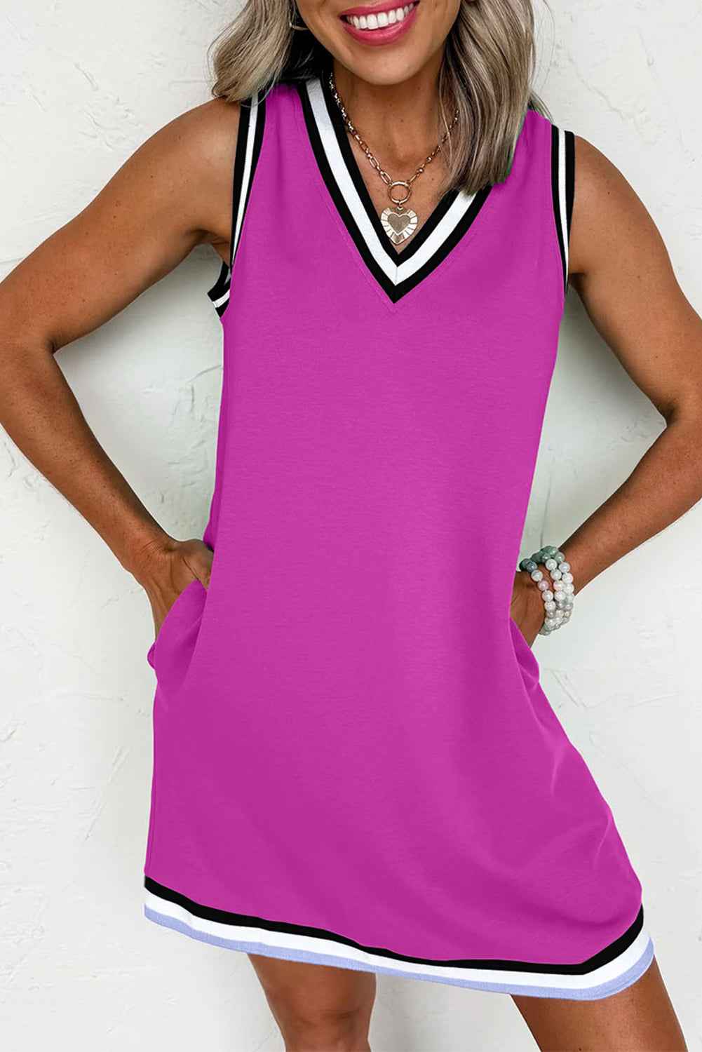 Mint Green Contrast Trim V Neck Sleeveless Mini Dress Purple Orchid 757f19f5b5541b02