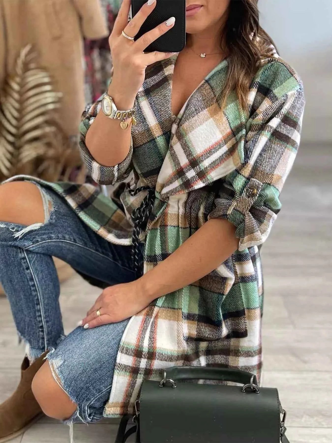 Oversized Drawstring Plaid Button Front Shirt 7583e46d-a23b-4641-b931-1f7b11d23312-Max-Origin