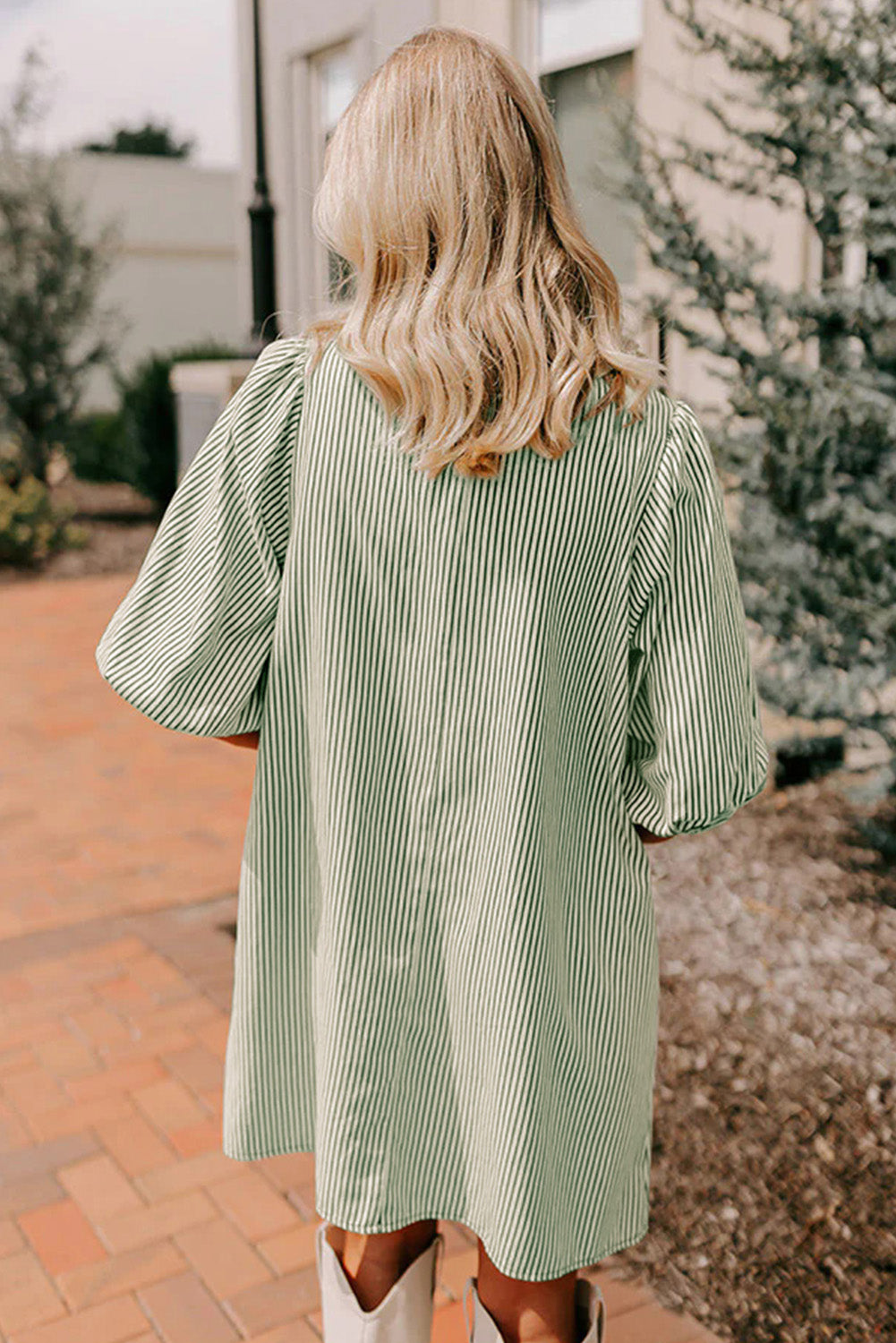 Green Stripe Color Block Patchwork Shirt Collar Button Down Puff Sleeve Mini Dress 7587c1c41c54eb3b