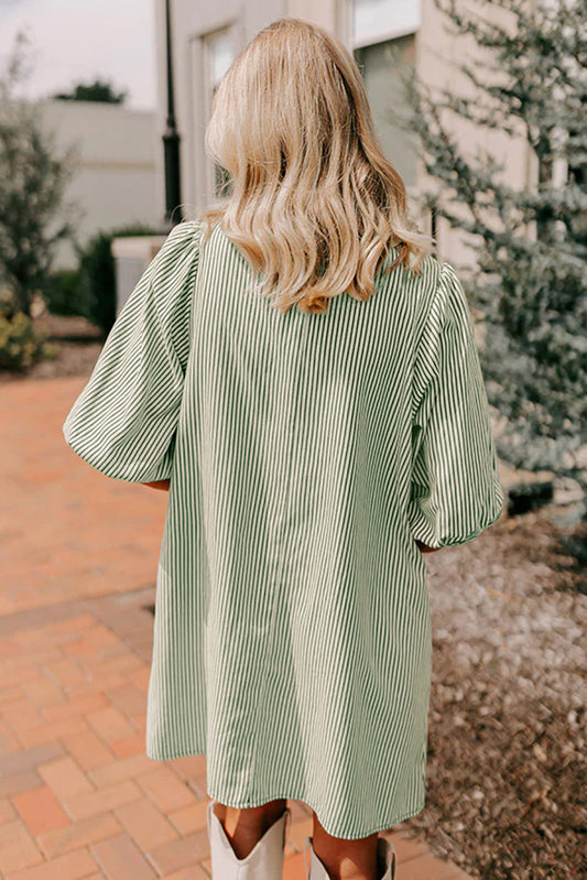 Green Stripe Color Block Patchwork Shirt Collar Button Down Puff Sleeve Mini Dress 7587c1c41c54eb3b