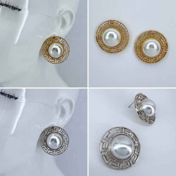 Round Greek Symbol half Pearl Post Back Earrings 75880ce6-0731-47e0-89fb-c8b429fd16d1