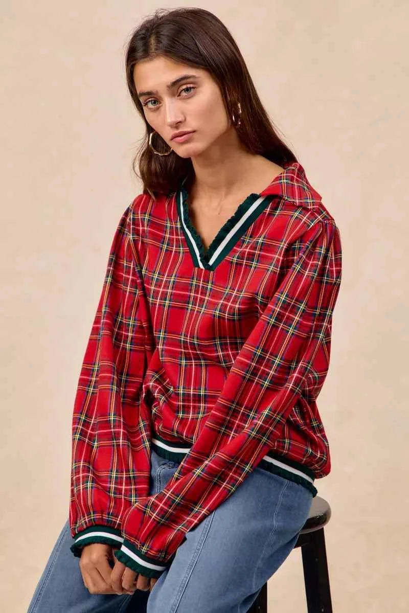 BiBi Christmas Plaid Collared Top with Ruffled Detail 758eb3e1fcb94bdf9f271412b8aedbb9-Max-Origin