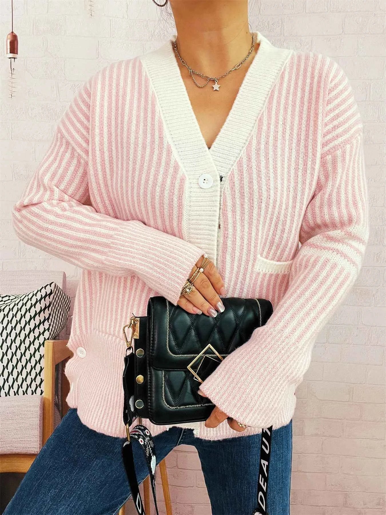 Striped Button-Front Cardigan with Contrast Trim 75923c2933514f11b7b2fc3743b995e0-Max-Origin