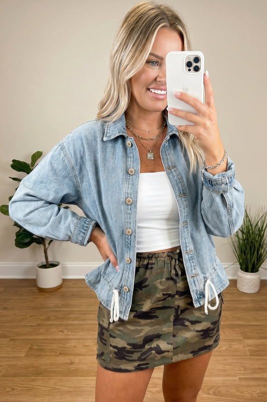 Beau Blue Draw-cord Hem Light Wash Denim Jacket 759eaab70b8f546b