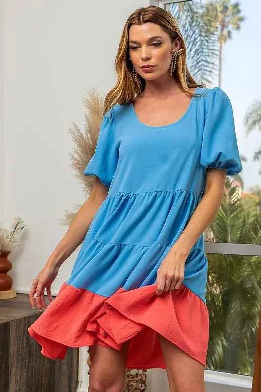 BiBi Two-Tone Balloon Sleeves U Neck Tiered Ruffle Hem Mini Dress 759f7f87e4344fafafe547a67261949f-Max-Origin