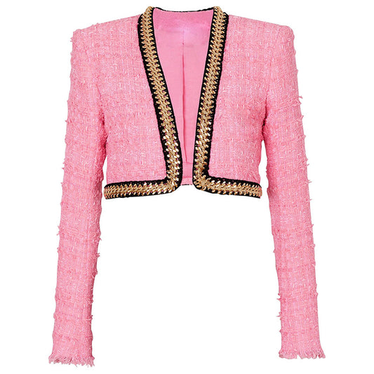 The Pink Bouclé Chain-Detail Three-Piece Set 75A976D4E81B146C1186B16BF5A51028