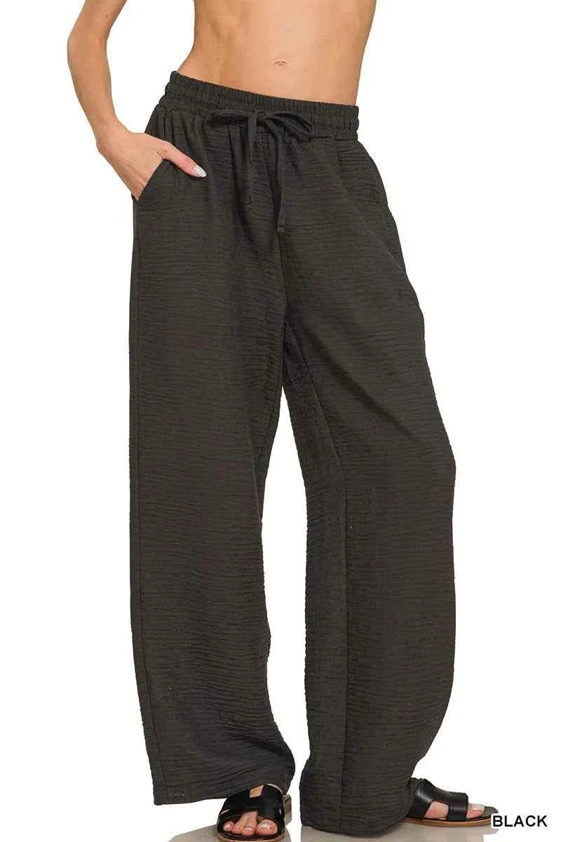 Zenana Woven Crepe Elastic Band Pants BLACK 75a3bb825c8646a9b13247b92ebd53db-Max-Origin