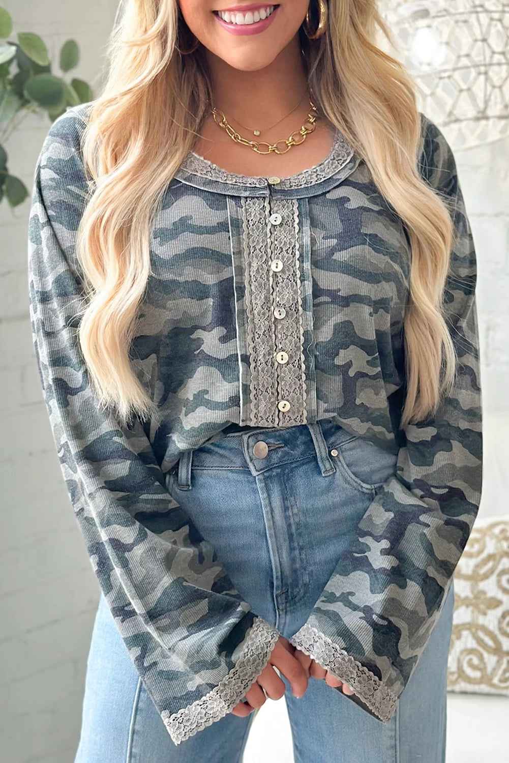 Green Camouflage Print Lace Patchwork Detail Button Long Sleeve Top Green 90%Polyester+10%Elastane 75a3dc6c74f8a952