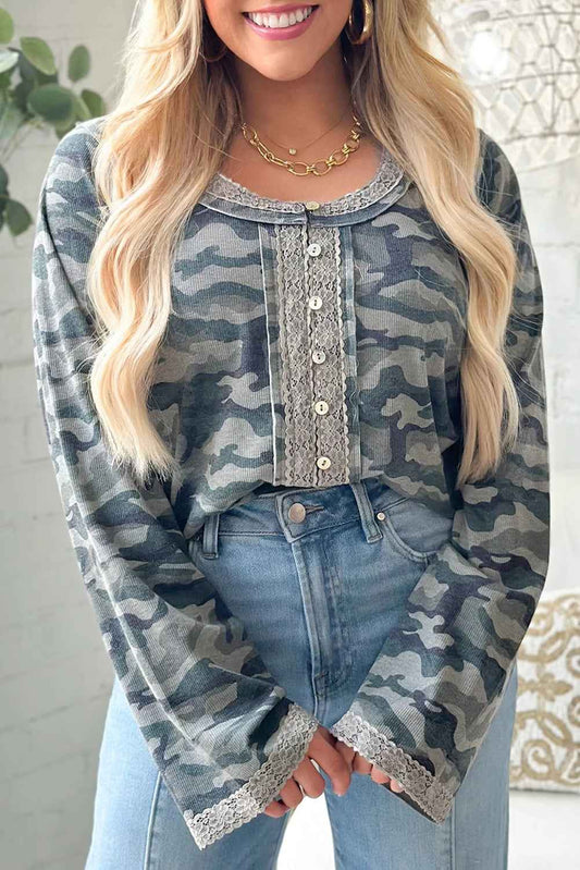 Green Camouflage Print Lace Patchwork Detail Button Long Sleeve Top Green 90%Polyester+10%Elastane 75a3dc6c74f8a952