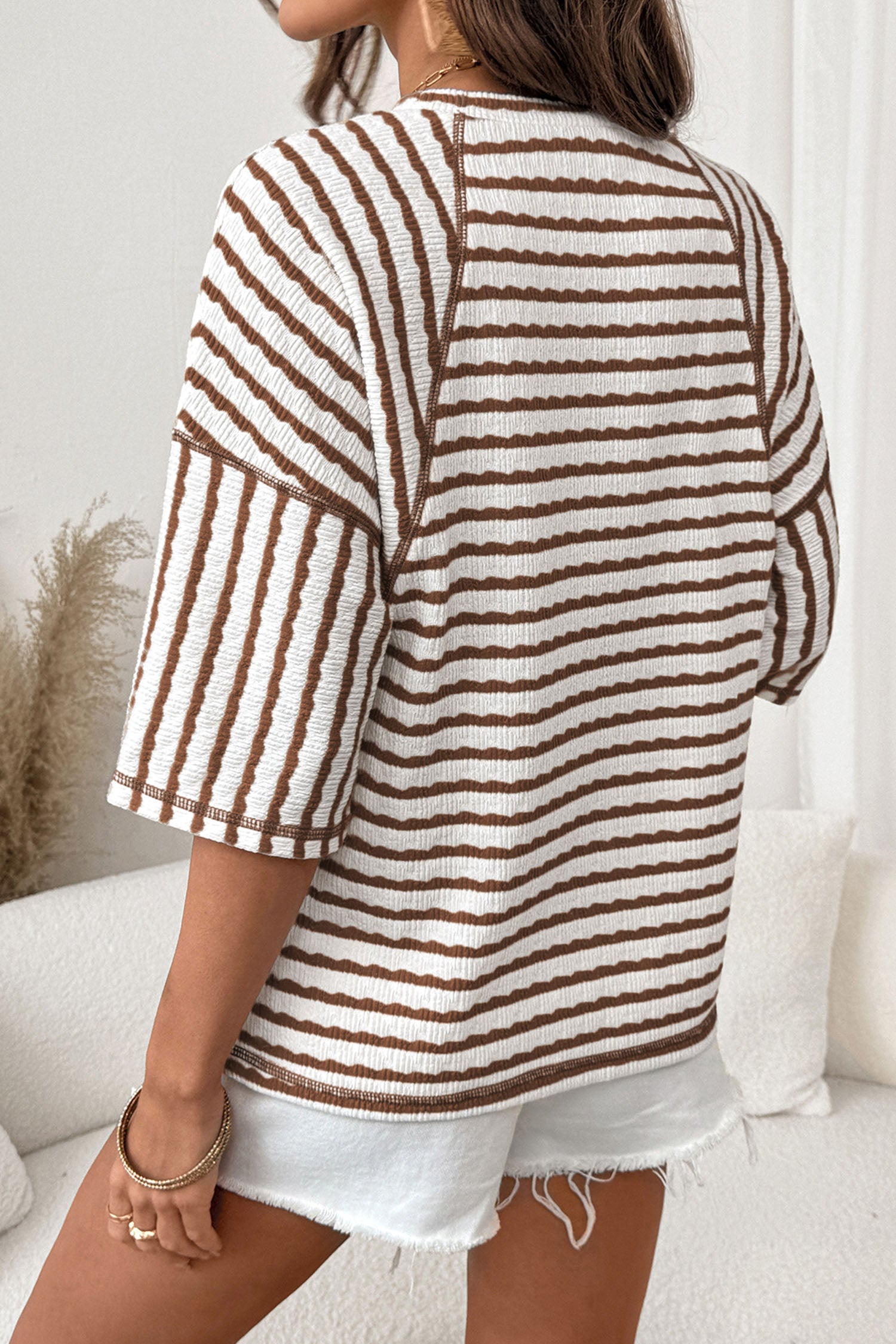 Sky Blue Stripe Textured Knit Split Hem Half Sleeve Loose Top 75a7577eb6b2052c